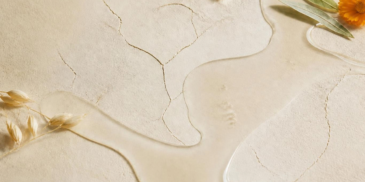 Image of a dry background with some liquid serum. Image reflecting the dry skin type.