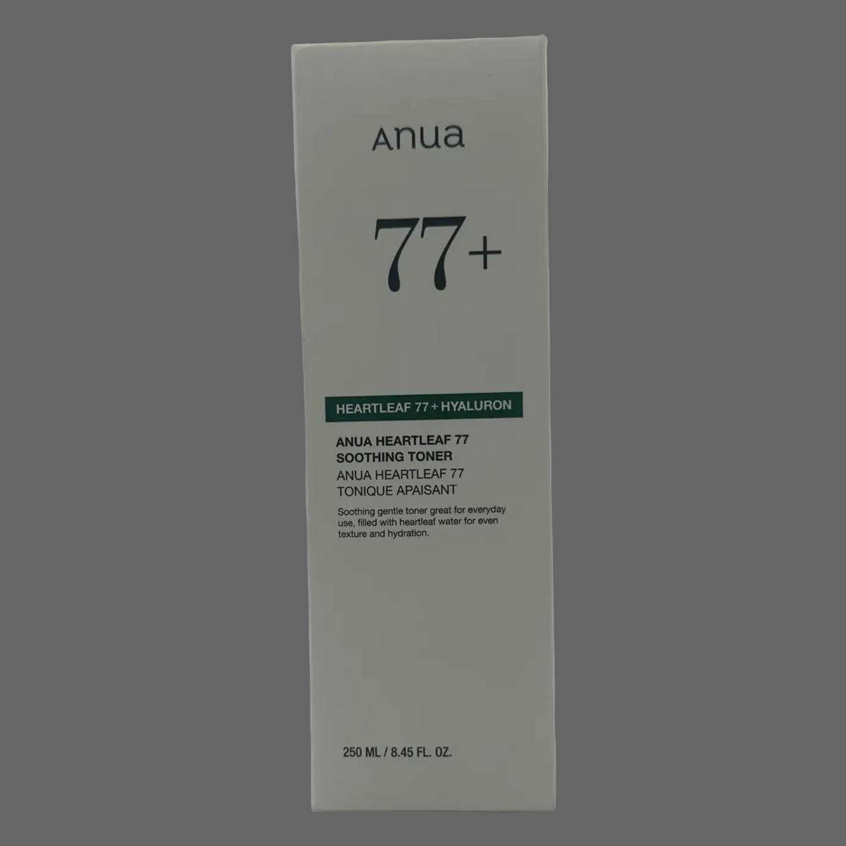 Anua Heartleaf 77 Soothing Toner in a tall, slim white cardboard box, photographed against a neutral gray background. Box reads: Soothing gentle toner great for everyday use, filled with heartleaf water for even texture and hydration.