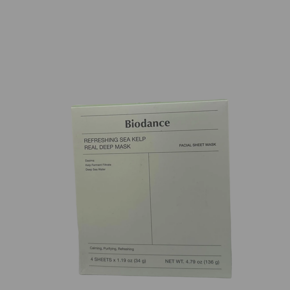 Biodance Refreshing Sea Kelp Real Deep Mask facial sheet mask packaging box, featuring a minimalist off-white design with black text and a thin light green accent line at the top.