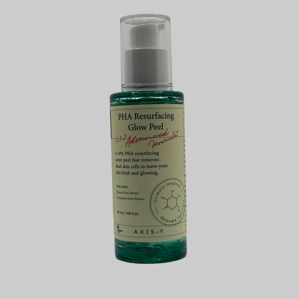 Axis-Y PHA Resurfacing Glow Peel in a 50 mL. Green bottle, yellow label. stating: A 10% PHA resurfacing water peel that emoves dead skin cells to leave your skin fresh and glowing.