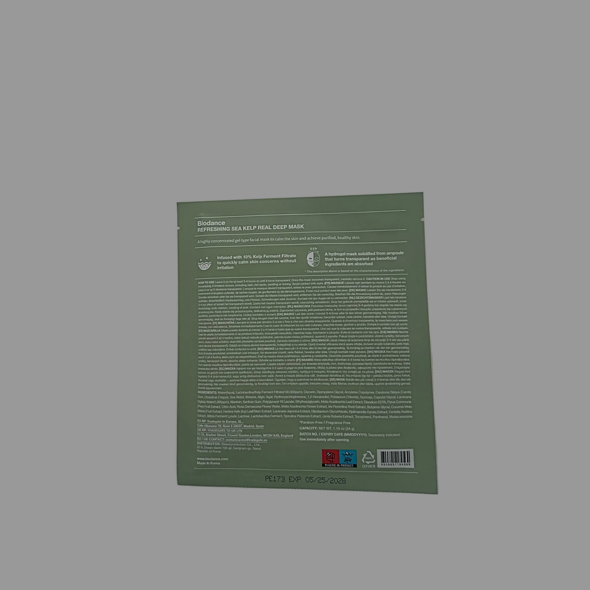 The back of a square Biodance Sea Kelp Face Mask packet in muted sage green, photographed upright against a plain light gray studio background.  Packet reads: Biodance Refreshing Sea Kelp Real Deep Mask. A highly concentrated gel-type facial mask to calm the skin and achieve purified, healthy skin.
