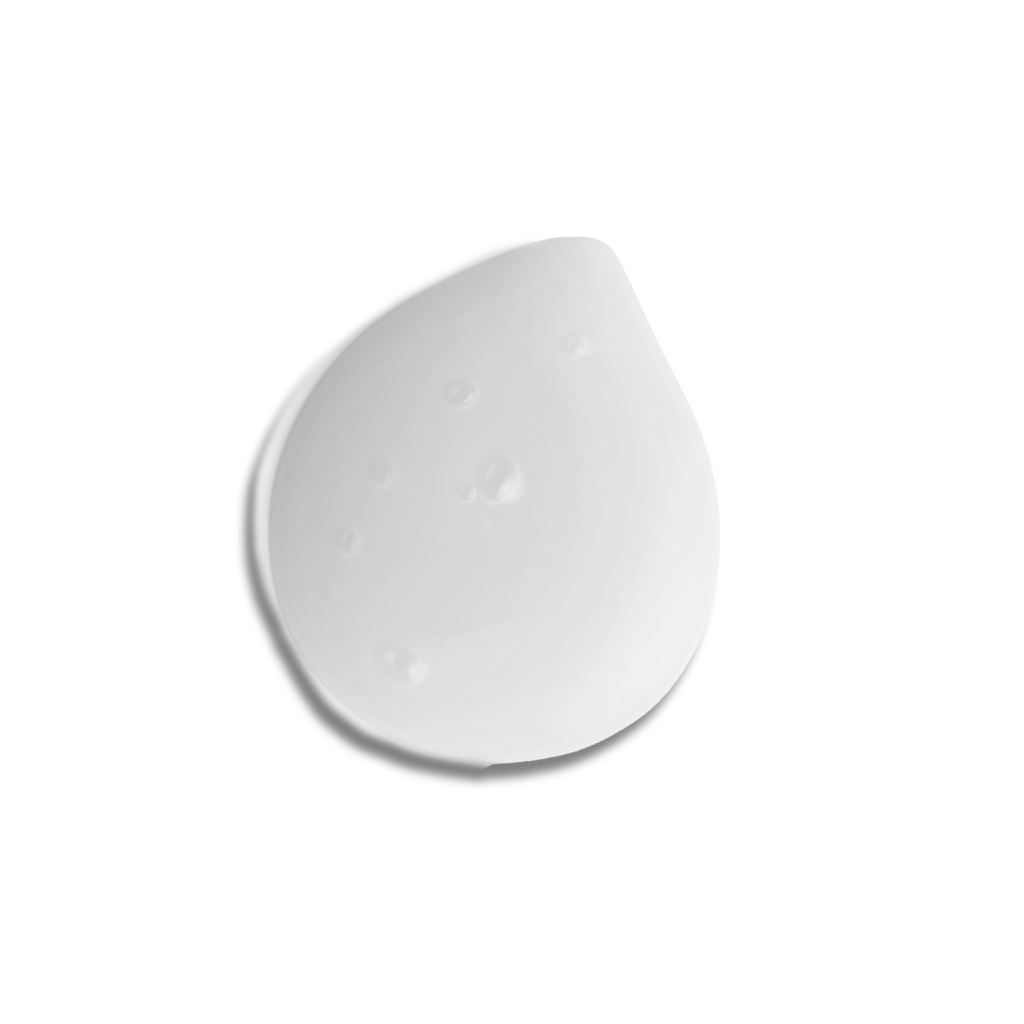 A single white teardrop-shaped drop of Evolve Soothing Ceramide Cleansing Milk, shown on a solid white background with a soft shadow.
